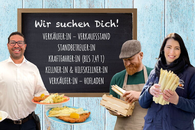 Wir suchen dich! Verkäufer:in – Verkaufsstand; Standbetreuer:in; Kraftfahrer:in (bis 7,49 t); Kellner:in & Hilfskellner:in; Verkäufer:in – Hofladen