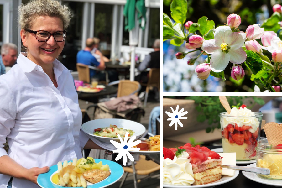 Spargel- und Erdbeersaison auf dem Spargelhof: Kellnerin serviert Essen