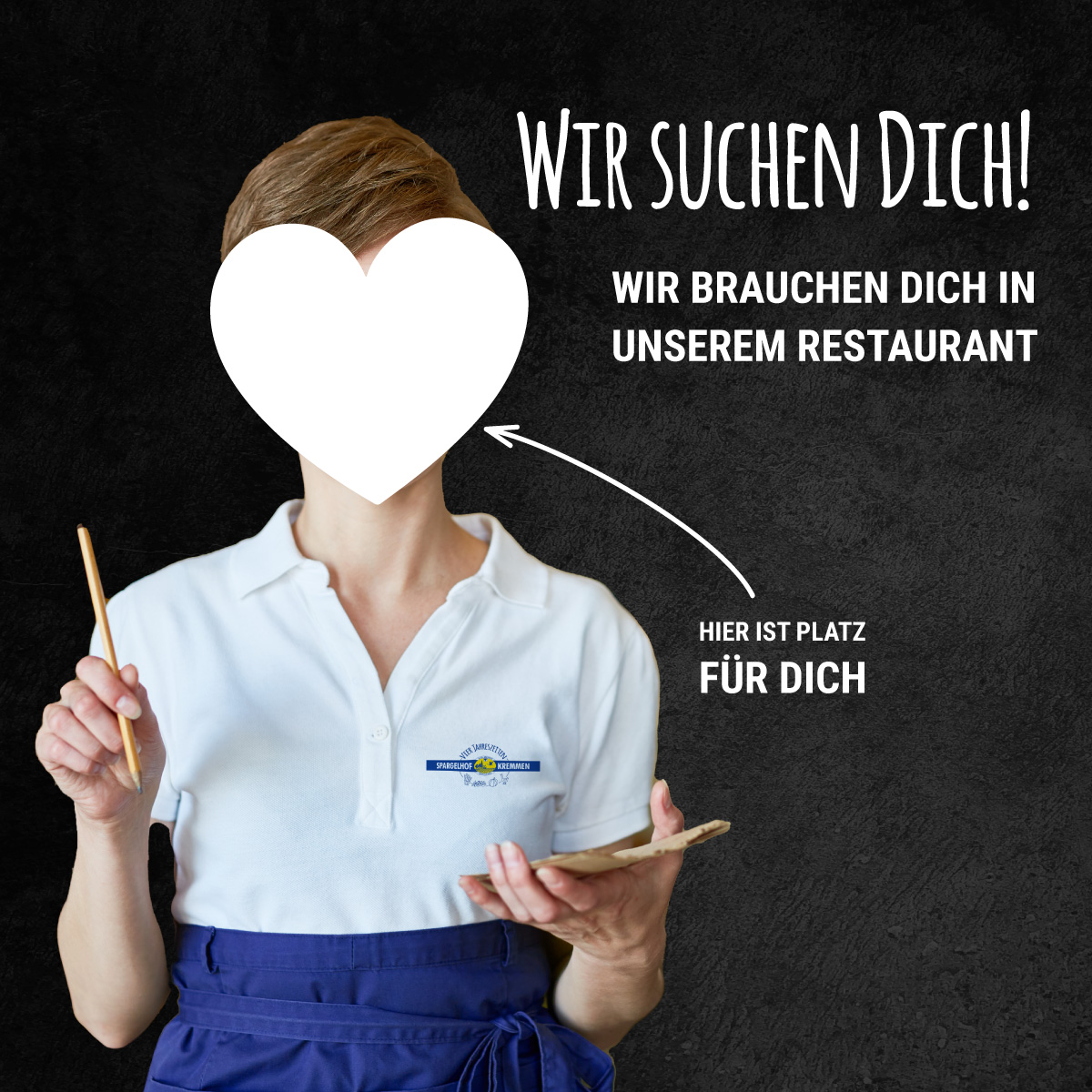 Kellnerin mit Herz-Gesicht: Wir suchen Dich! Wir brauchen dich in unserem Restaurant.