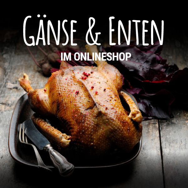 fertig zubereitete Gans auf einem Teller. Darüber der Schriftzug: "Gänse & Enten im Onlineshop"