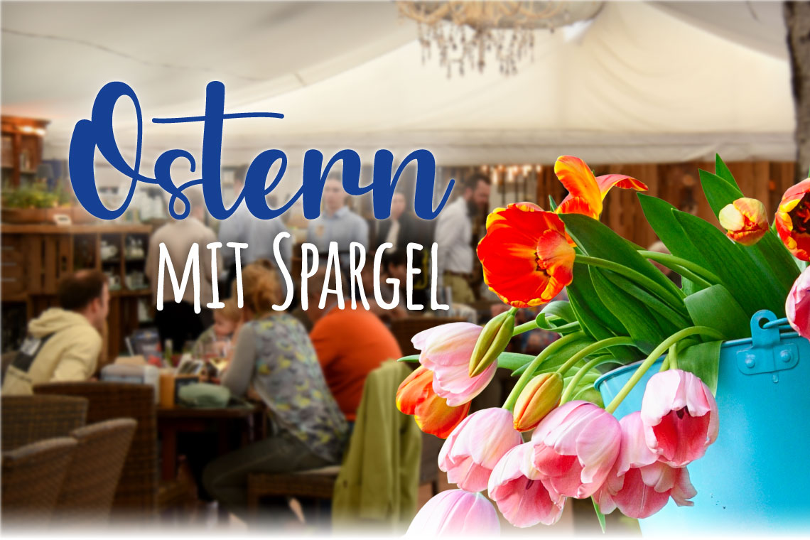 Strauß Tulpen im Spargelrestaurant serviert Spargelgerichte
