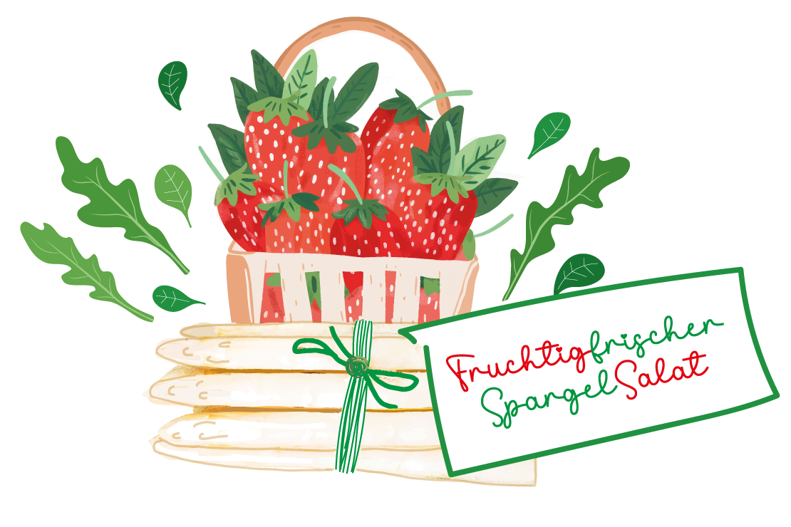 Illustration Korb mit Erdbeeren und Bund frischem weißen Spargel